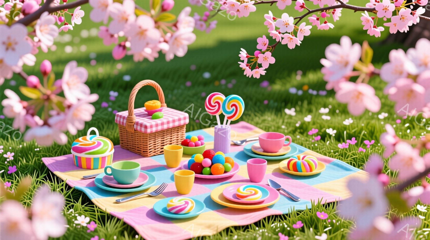 広々とした緑の芝生の上に、ピンク、水色、黄色のストライプのピクニックブランケットが敷かれており、カラフルなデザートとティーセットが並べられています。ピンク色の小さなケーキ、カラフルなキャンディー、渦巻き模様のロリポップ、ティーカップやソーサーが可愛らしく飾られ、まるで子供の夢のようなお茶会です。背景には桜の花が咲き乱れ、暖かく、春らしい、遊び心溢れる雰囲気を醸し出しています。
