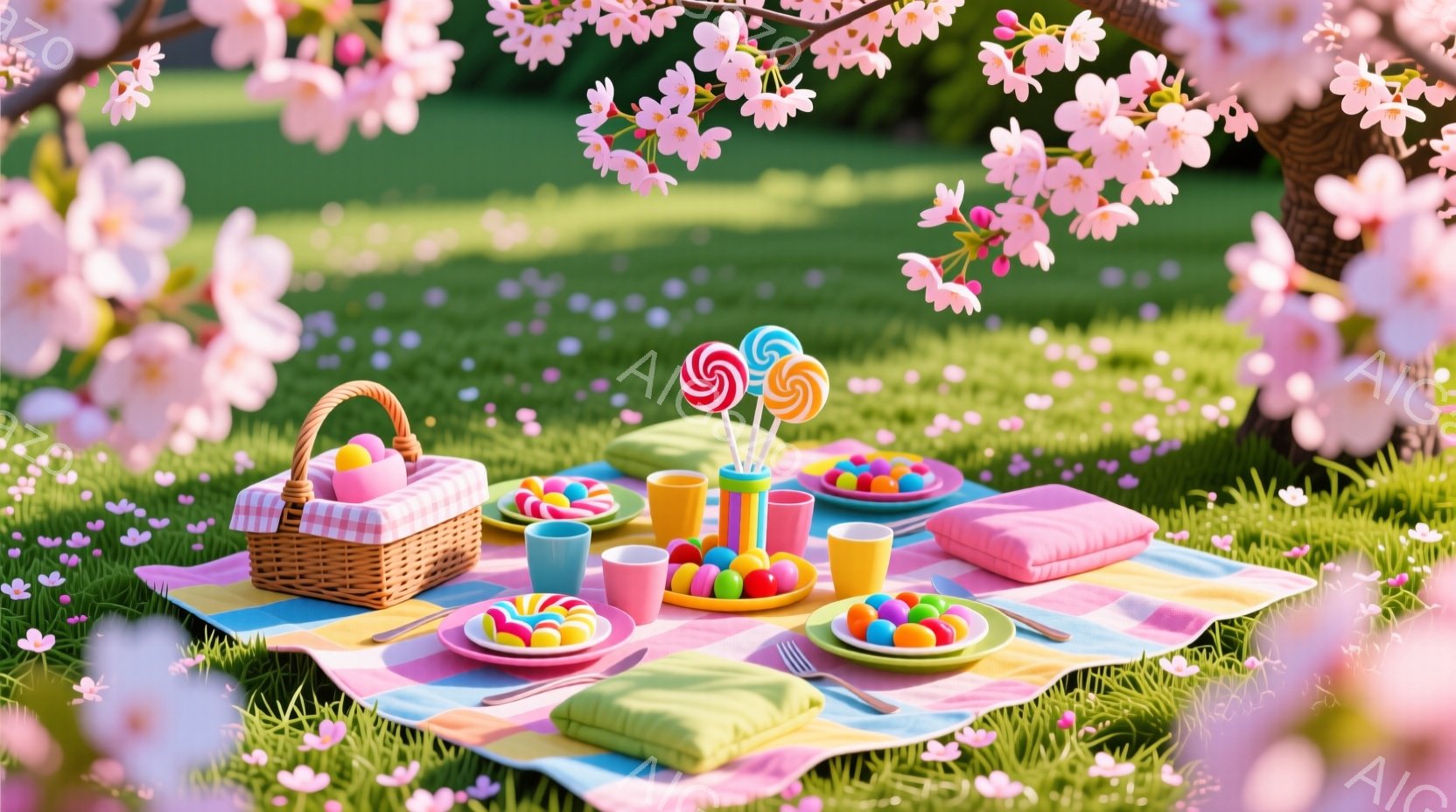 桜の木の下に、カラフルなピクニックが広げられています。ピンク、青、黄色などの明るい色の食器やキャンディが並べられ、可愛らしいバスケットも置かれています。背景には、桜の花びらが舞い散る緑の草原が広がり、 - AI生成フリー素材