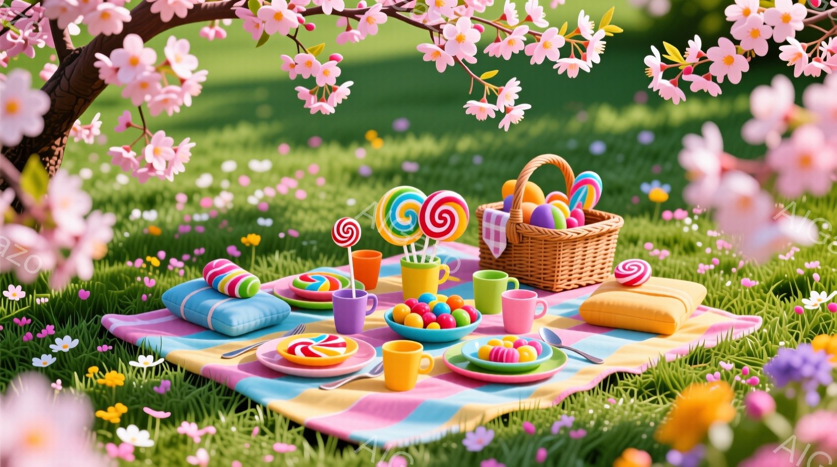 広々とした緑の草原に、カラフルなピクニックが広げられています。ピンクと水色のストライプの敷物の上には、キャンディー、カップケーキ、カラフルな卵が並べられ、バスケットにはさらにたくさんの甘いお菓子が詰ま - AI生成フリー素材