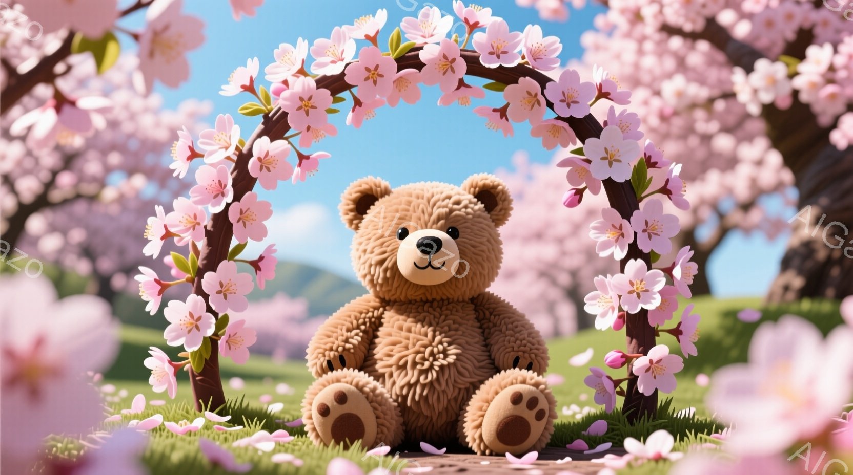 ふわふわの茶色のテディベアが、桜の花で飾られたアーチの下に座っています。アーチの周りや地面には桜の花びらが散りばめられ、背景には緑の芝生と穏やかな空が広がっています。全体的に、暖かく、春らしい、そして - AI生成フリー素材