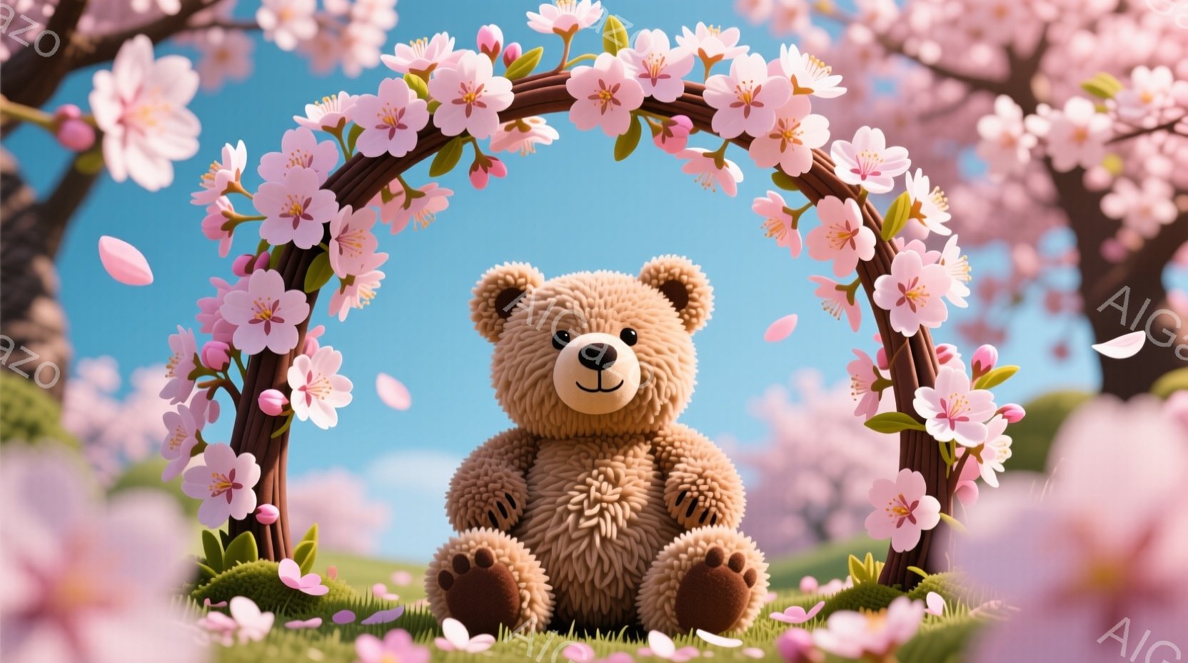 ふわふわの茶色のテディベアが、桜の花で飾られたアーチの下に座っています。ベアは丸い体と愛らしい表情で、可愛らしい雰囲気を醸し出しています。背景には緑の草地と桜の木々が広がり、ピンク色の花びらが舞い散る春の穏やかな一日を描いています。