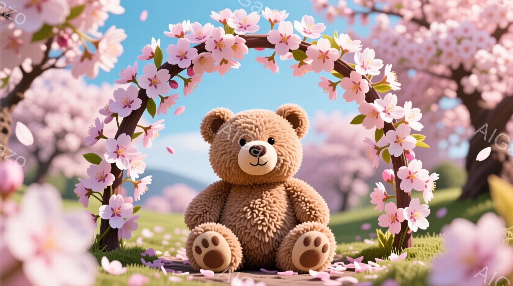 ふわふわの茶色のテディベアが、桜のアーチの下に座っています。ベアは正面を向き、穏やかな表情で、まるで微笑んでいるように見えます。背景は緑の芝生とピンク色の桜の花で満たされ、穏やかで春らしい雰囲気を醸し - AI生成フリー素材