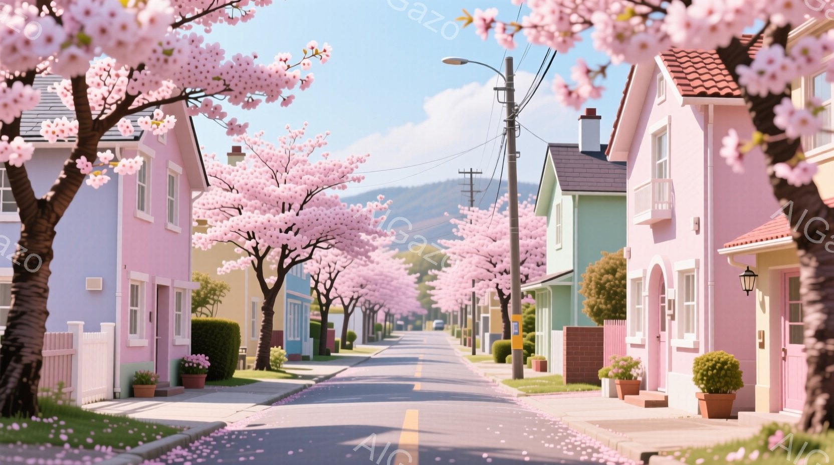 住宅街の道が桜並木として描かれており、淡いピンク色の桜が咲き誇り、道に花びらが舞っている。家々はパステルカラーで統一され、可愛らしい印象を与え、背景には穏やかな山並みが広がっている。全体的に春の暖かさと静けさを感じさせる、牧歌的な風景だ。
