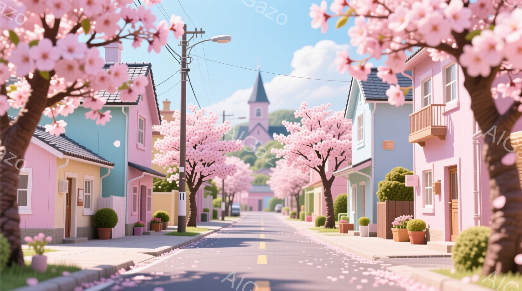 春の穏やかな住宅街の風景で、ピンク色の桜並木が道路を覆っています。パステルカラーの可愛らしい家々が両側に並び、遠くには尖塔を持つ教会が見えます。道路には舞い散る桜の花びらが散らばり、平和で幻想的な雰囲 - AI生成フリー素材