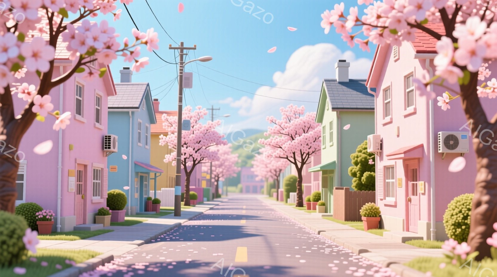 春らしい穏やかな住宅街の風景です。ピンクや水色、黄色などのパステルカラーの家々が並び、道路には桜の花びらが舞い散っています。背景には青空と白い雲が広がり、全体的に暖かく、可愛らしい雰囲気が漂っています - AI生成フリー素材