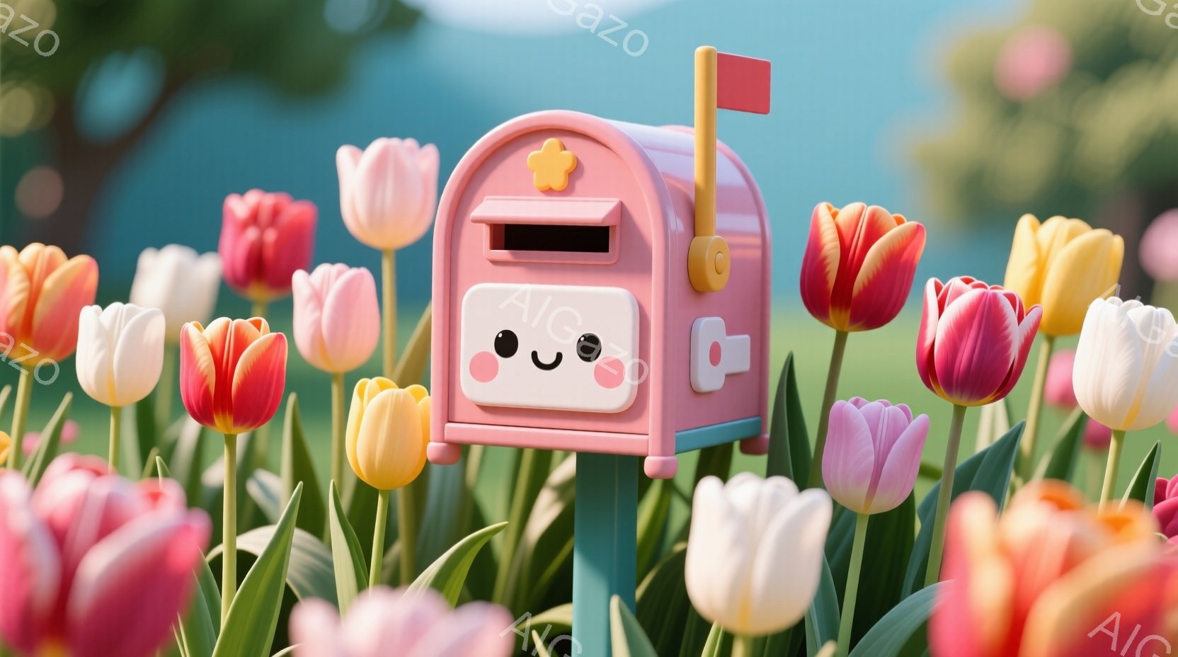 明るいピンク色のメールボックスが、色とりどりのチューリップ畑の中に立っている。メールボックスには可愛らしい顔が描かれており、親しみやすい表情をしている。背景は緑豊かな草地とぼやけた木々で、晴れた日の穏 - AI生成フリー素材