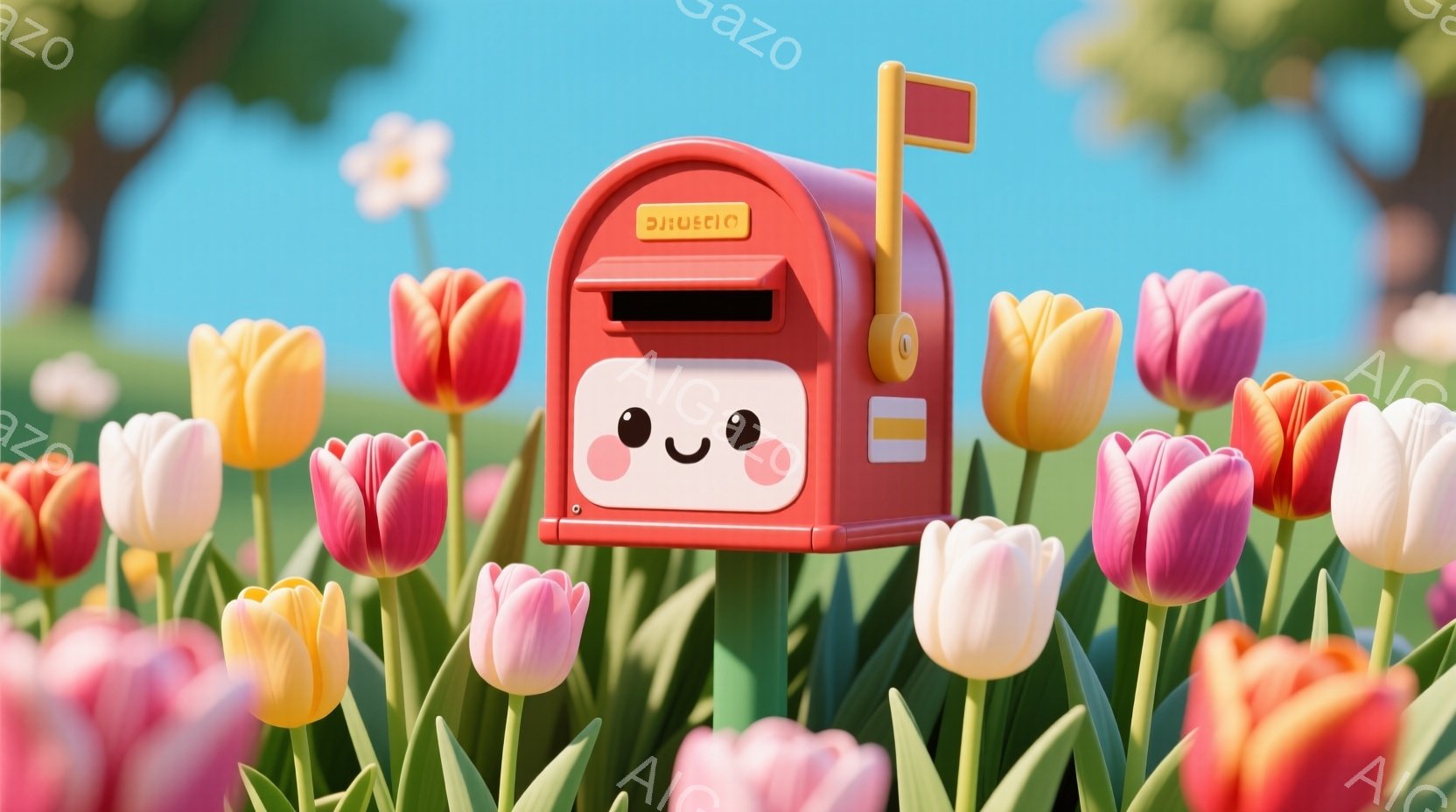明るいピンク色のチューリップ畑の中に、笑顔の表情をした赤いポストが佇んでいます。ポストには可愛らしい目と口が描かれ、まるで生きているかのような愛らしさを醸し出しています。背景には緑の芝生とぼやけた木々が見え、晴れた日の穏やかな春の雰囲気が漂っています。