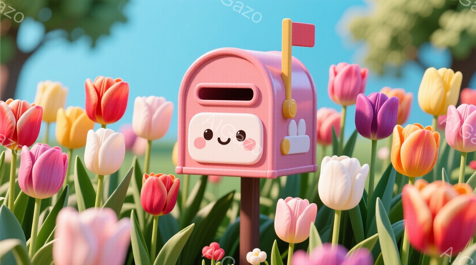 色とりどりのチューリップが咲き乱れる庭に、可愛らしいピンク色のポストが立っています。ポストにはつぶらな瞳と頬の赤いふっくらとした顔が描かれており、親しみやすい表情をしています。背景は青空と緑の木々で、明るく穏やかな春の日の雰囲気が漂っています。