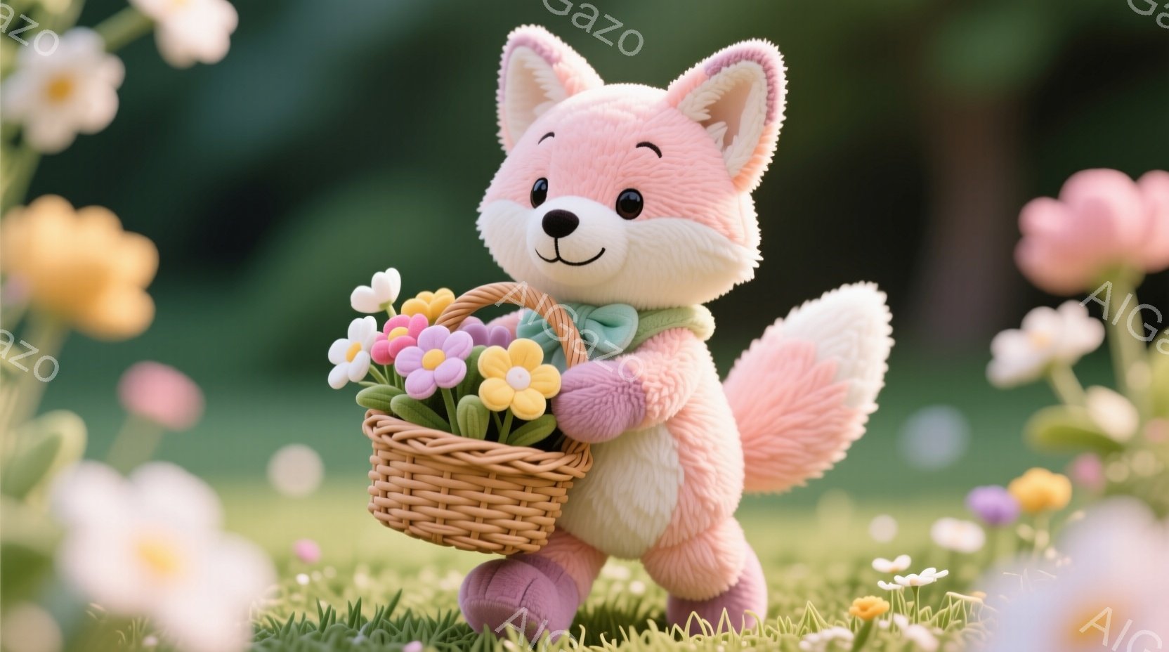 ふわふわのピンク色の狐が、紫色のズボンを履き、緑色のリボンを首に巻いています。その狐は、たくさんのカラフルな花が入ったバスケットを抱え、嬉しそうな表情で正面を見つめています。背景には、さまざまな色の花 - AI生成フリー素材