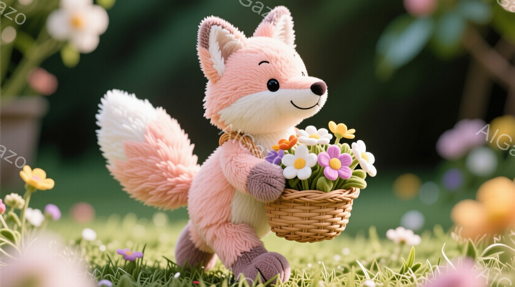 ふわふわのピンク色のキツネが、紫色のズボンを履いて、花をいっぱいに詰めた籠を持って歩いています。キツネは笑顔で、丸い目に可愛らしさが溢れ、春の草花が咲き乱れる緑の草原の中にいます。暖かく穏やかな雰囲気 - AI生成フリー素材