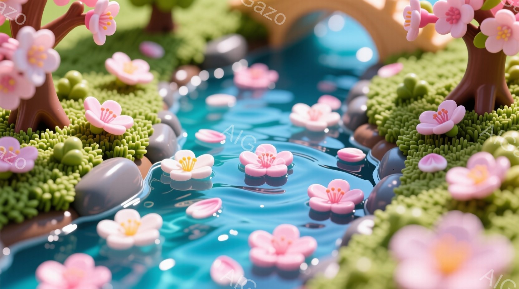 日本の伝統的な美しい景色を模倣するミニチュアの水路と山林を描写しています。 花が調和させるために、淡く透明な水が流れており、樹木や岩石がその周囲で織り成す自然的な美しさを表現しています。 人物は画像か - AI生成フリー素材