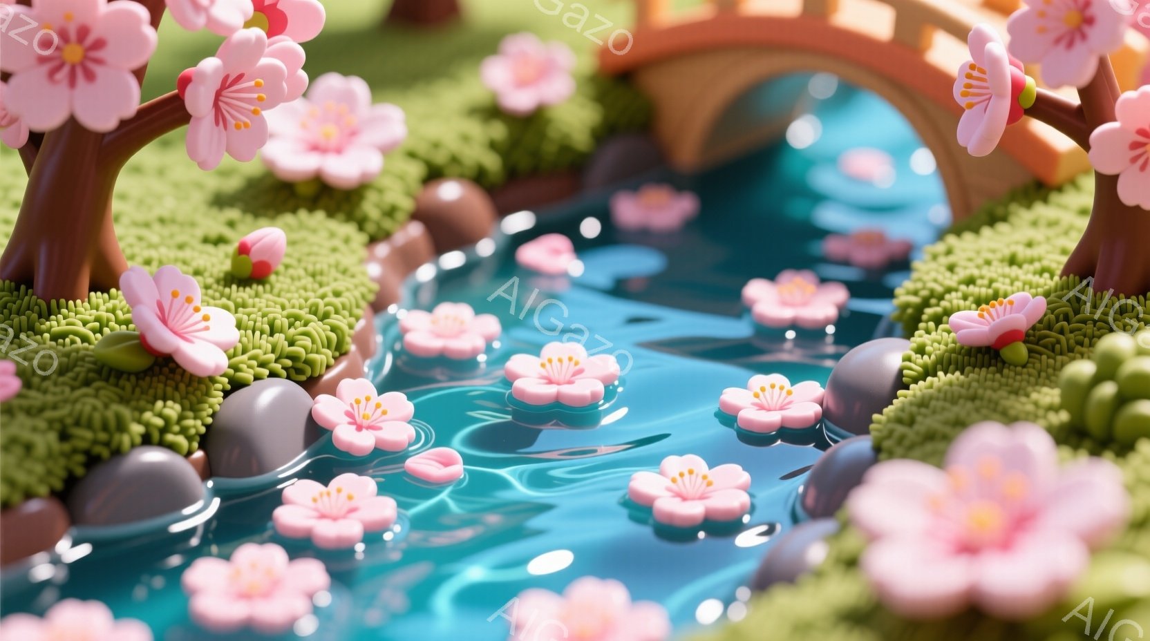 桜の花びらが水面に浮かぶ小川と、その上を越えるアーチ状の橋を描いています。岸辺には、緑色の盛り上がった土と、可愛らしい桜の木が配置され、全体的に柔らかく、幻想的な雰囲気を醸し出しています。水面は青く光 - AI生成フリー素材