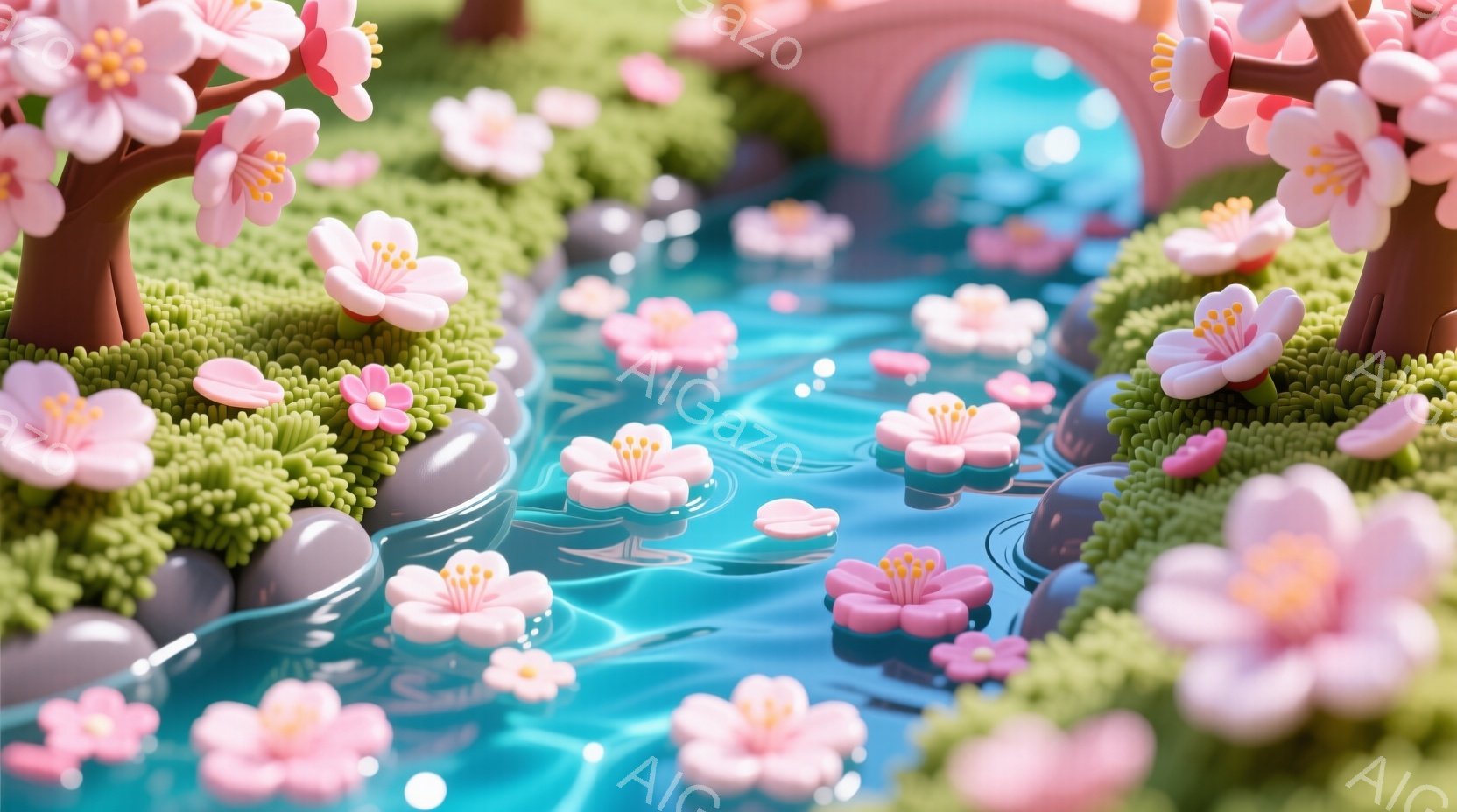 鮮やかなピンク色の桜の花びらが水面に浮かび、小川に沿って緑の苔のような植物が生い茂っています。背景には、丸みを帯びた石と、ピンク色のアーチ状の橋が見え、ファンタジーのような可愛らしい雰囲気です。全体的に柔らかい色彩と丸みを帯びた形状が特徴で、穏やかで夢のような空間を表現しています。
