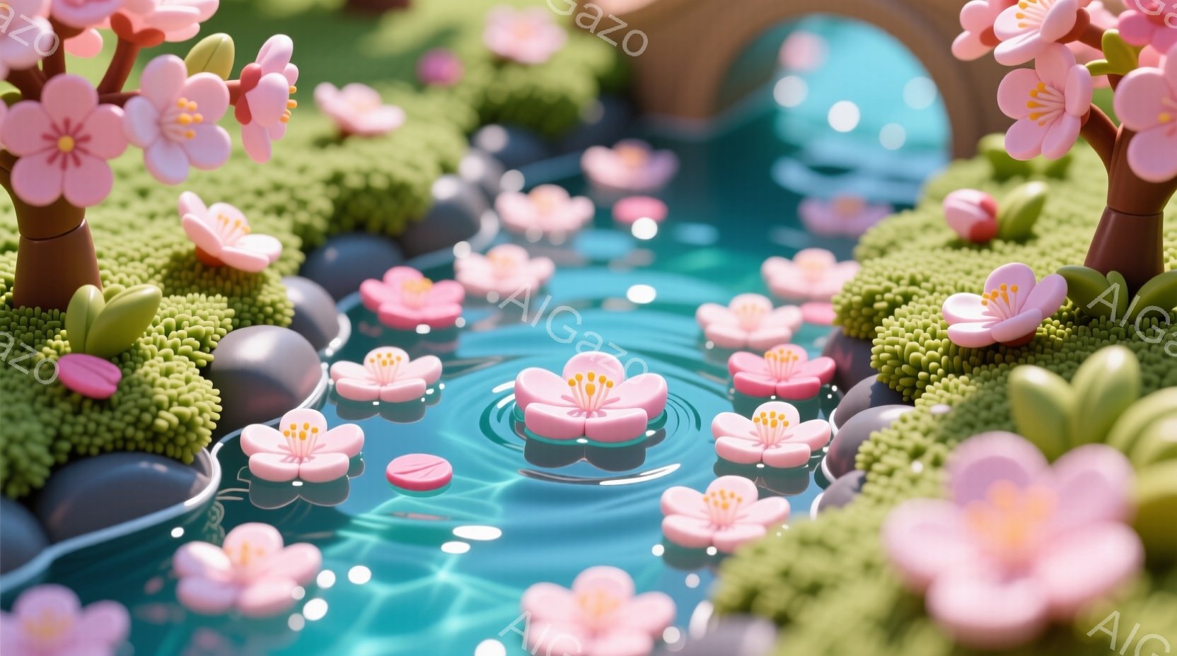 鮮やかなピンク色の桜の花びらが、青い小川にたくさん浮かんでいます。周囲には緑色の草が生い茂り、滑らかな黒い石が点在し、穏やかで幻想的な雰囲気を作り出しています。全体的にパステルカラーで統一され、春の暖かさと可愛らしさが表現されています。