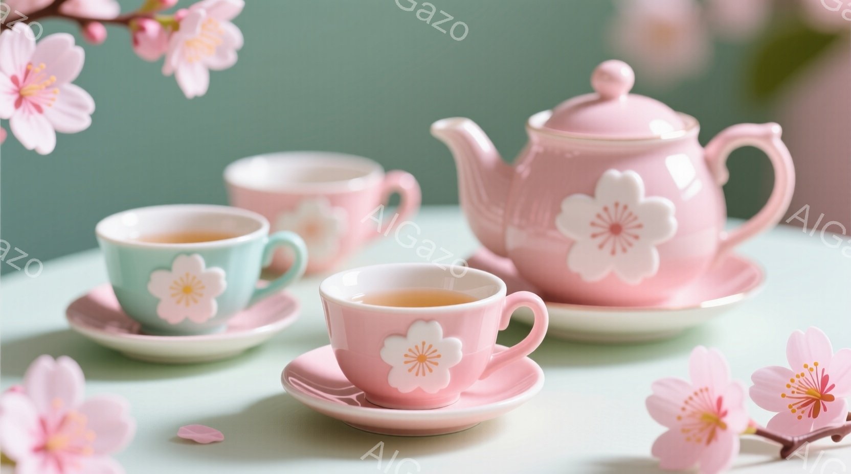 淡い緑とピンク色のティーカップとティーポットが、穏やかなパステルグリーンの背景に並べられています。それぞれのティーセットには、白く可愛らしい桜の花のモチーフがついており、春の暖かさを感じさせます。背景には桜の花びらが散りばめられ、優雅で繊細な雰囲気を醸し出しています。