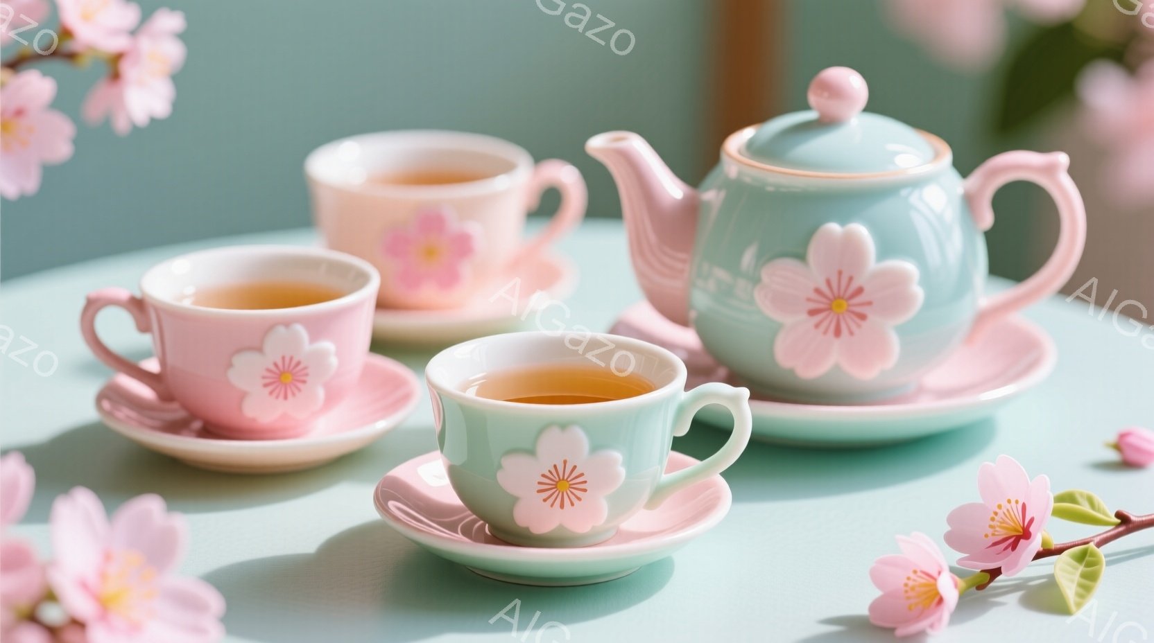 明るいターコイズブルーと淡いピンクのティーセットが、水色のテーブルの上に並べられています。桜の花の模様が施されたティーカップとティーポットは、春の訪れを感じさせる穏やかな雰囲気を醸し出しています。背景には、桜の花びらが散りばめられ、春の暖かさと優雅さを表現しています。
