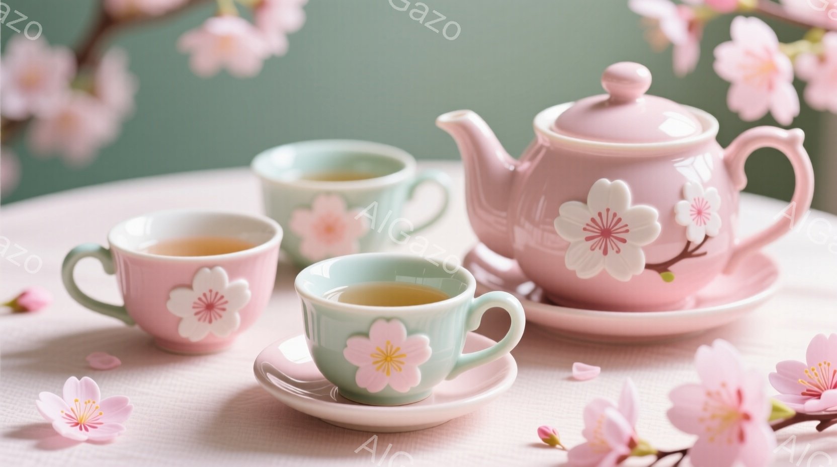 淡いピンク色のテーブルの上に、桜柄のティーポットと茶碗が並んでいます。茶碗とティーポットには、緑色の液体が入っており、春の訪れを感じさせます。背景には桜の花が咲き乱れ、穏やかで優雅な雰囲気を醸し出しています。
