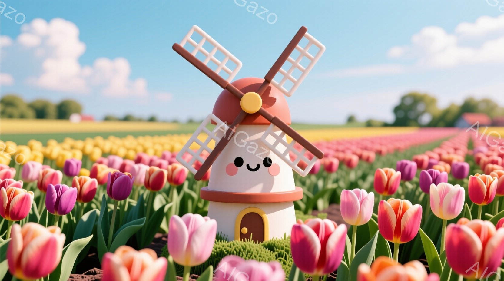 風車がチューリップ畑の中心に可愛らしく立っている画像です。風車は白を基調とした丸みを帯びたデザインで、窓とドアが描かれ、顔のような表情がついています。背景には、ピンクと黄色のチューリップが広がり、遠くには緑豊かな木々が見え、晴れた空が広がっています。
