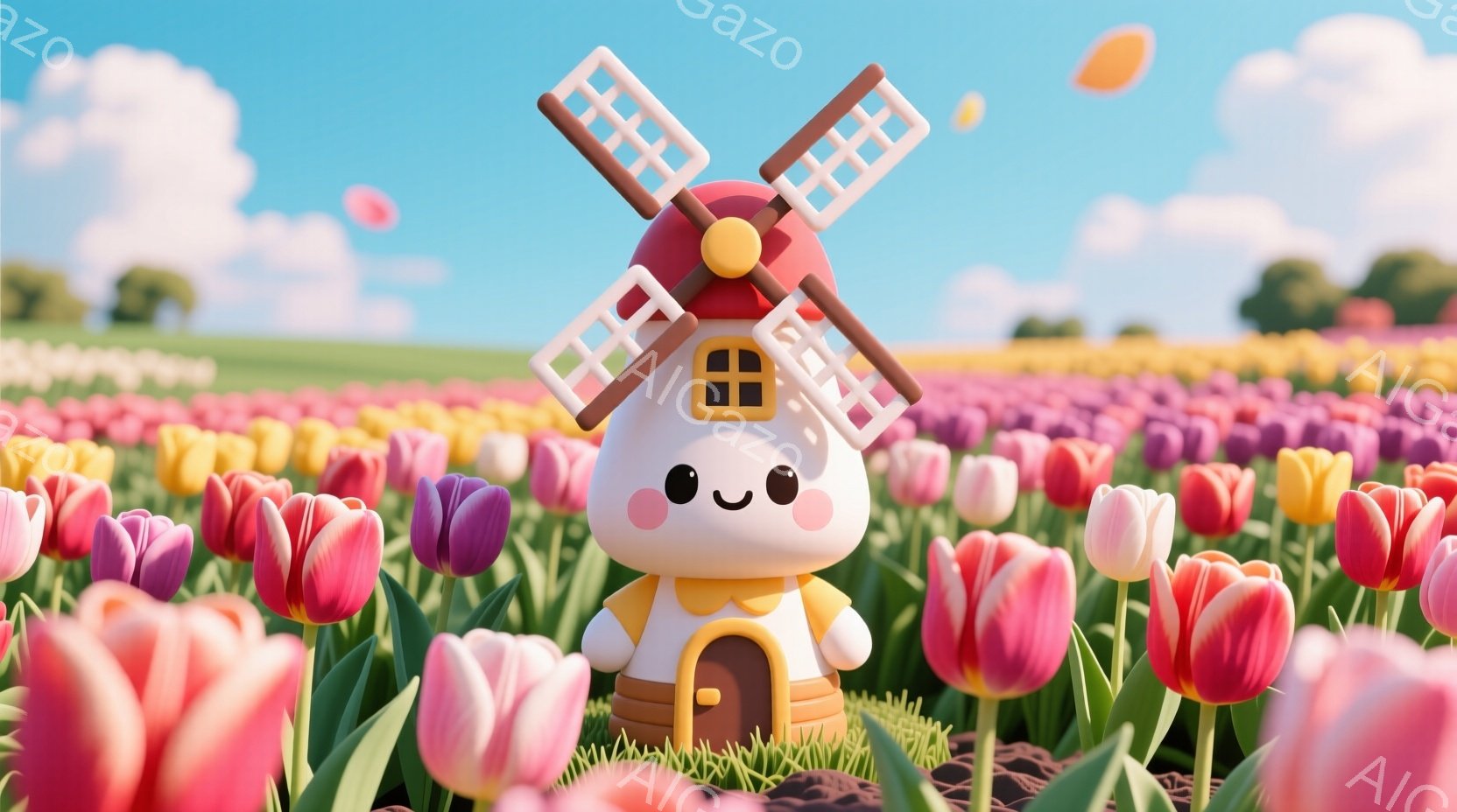 見ているのは、チューリップ畑の中に佇む風車をモチーフにした可愛らしいキャラクターです。白い体に茶色のドアと窓があり、上部には回転する風車の羽根が付いています。背景には緑の草地と、ぼんやりとした建物、そして晴れた空が広がり、全体的に明るく穏やかな雰囲気です。