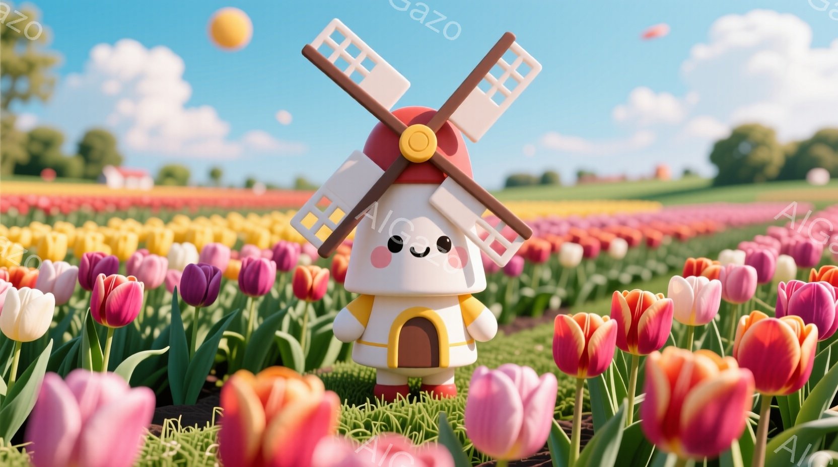 明るいチューリップ畑の中に、風車を頭に乗せた可愛らしいキャラクターが立っている。キャラクターはクリーム色の体に、オレンジと紫のラインが入った服を着ており、シンプルながらも愛らしい表情をしている。背景には緑の丘と青空が広がり、全体的に暖かく、穏やかな雰囲気が漂っている。