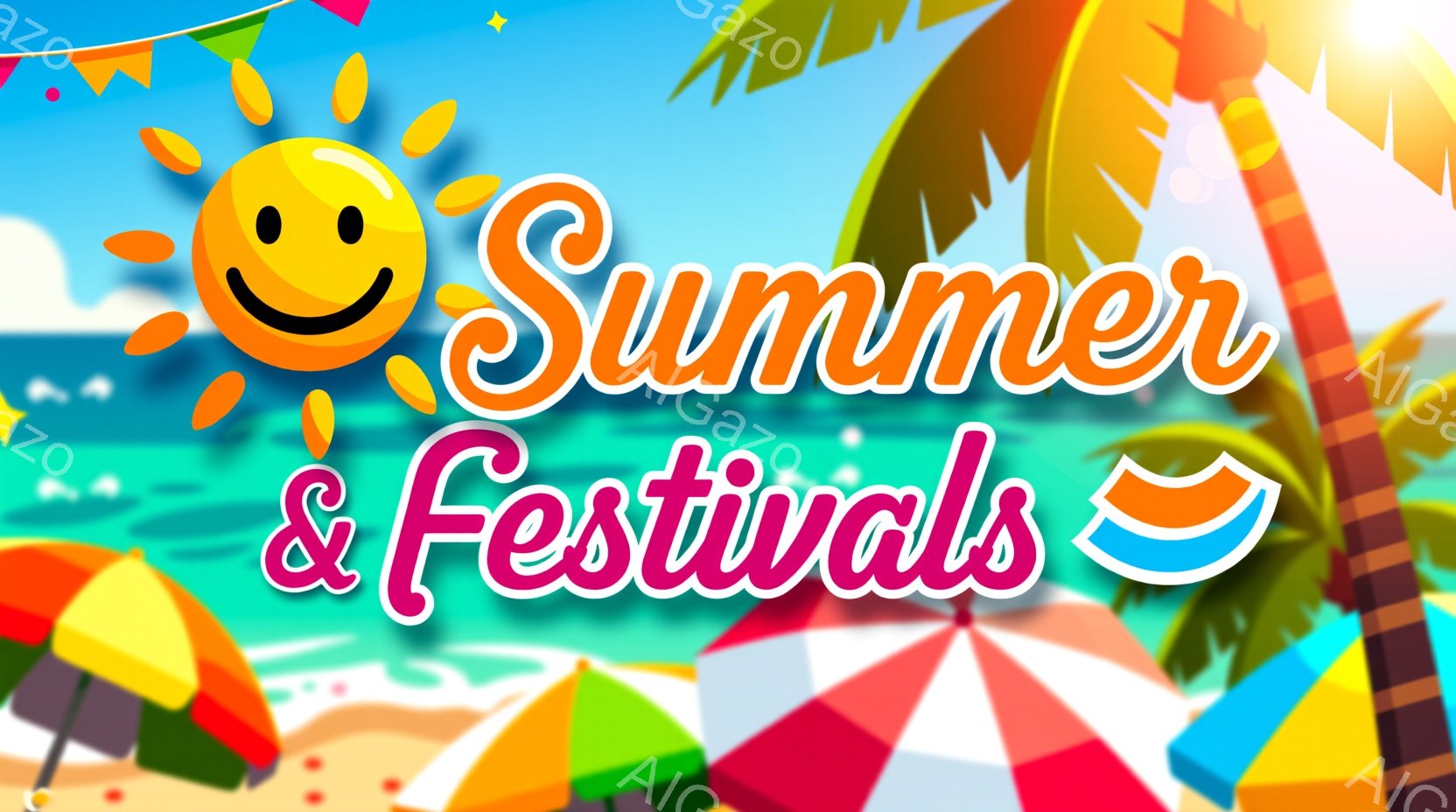 鮮やかな色彩が印象的な夏のビーチのイラストです。パラソルやヤシの木が描かれ、青い空と海が広がり、夏祭りのような楽しげな雰囲気が漂っています。全体的に幾何学的なデザインが特徴で、明るくポップな印象を与え - AI生成フリー素材