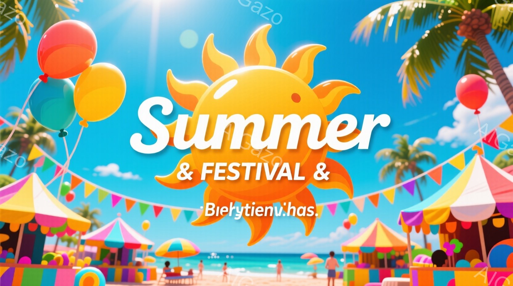 鮮やかな色彩が溢れる夏の祭りの光景です。多くのカラフルなパラソルと旗が並び、人々はビーチでリラックスしたり、海に向かって歩いたりしています。背景には青い海とヤシの木が見え、晴天の下で活気に満ちた雰囲気 - AI生成フリー素材