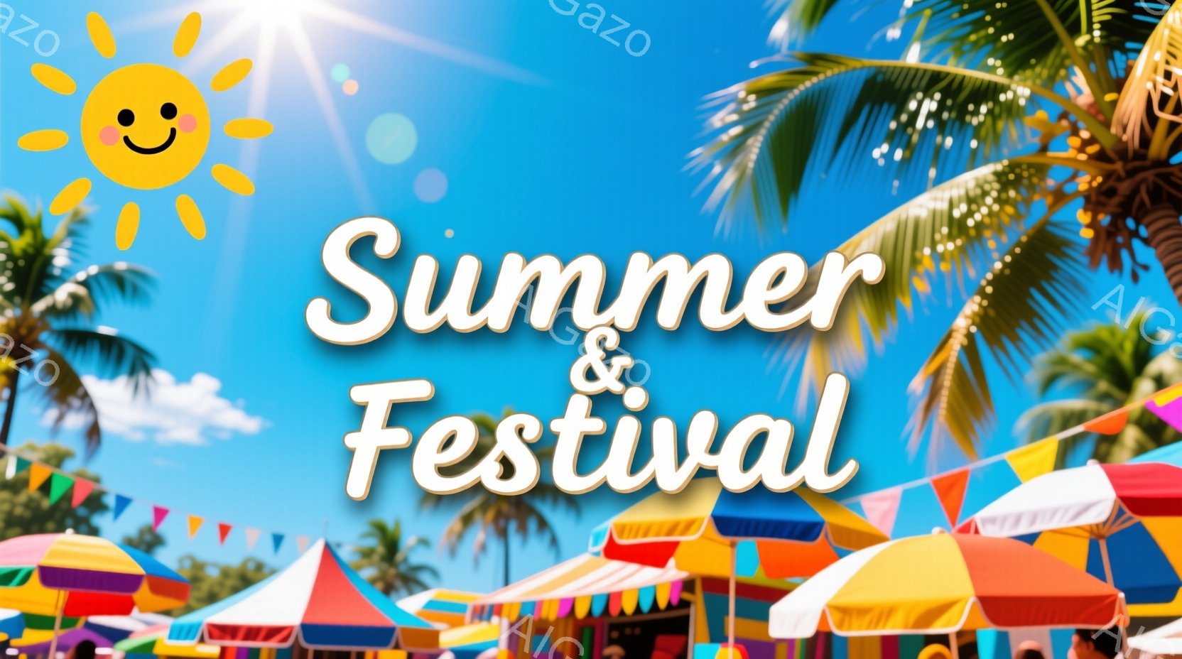 鮮やかな色のパラソルが並び、お祭りの賑やかな雰囲気を表している。背景にはヤシの木が見え、晴れた青空が広がっており、夏らしさを強調している。全体的に明るく楽しい雰囲気が漂い、活気のあるお祭りの様子が想像 - AI生成フリー素材