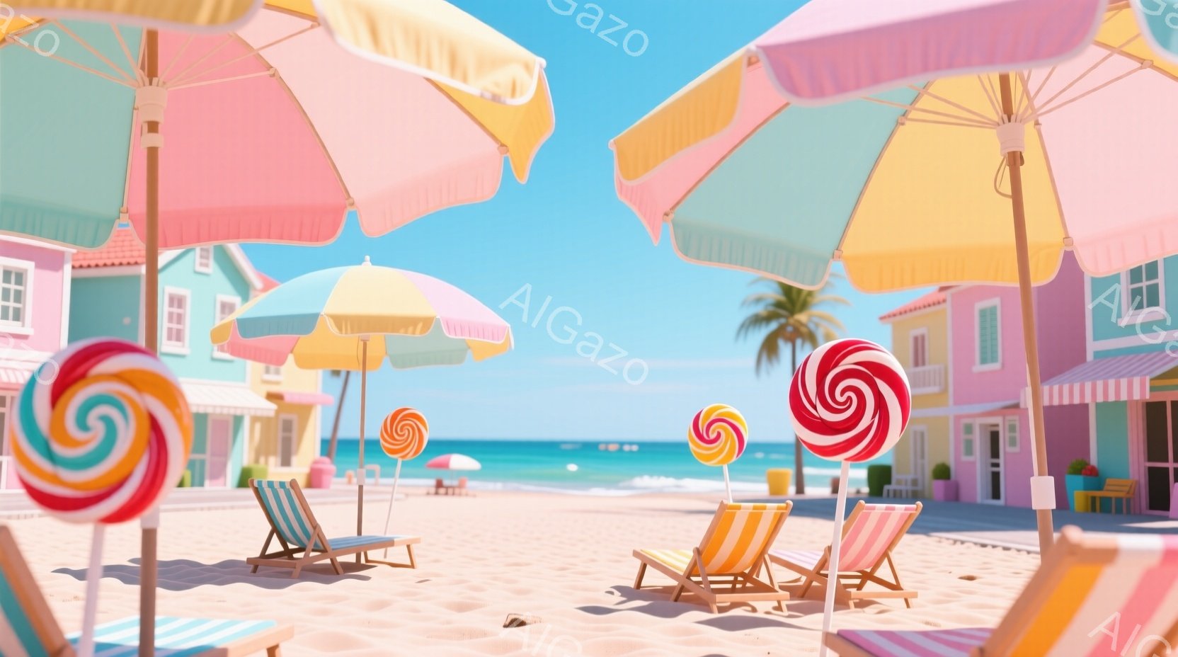 鮮やかなピンク、黄色、水色のパラソルが砂浜に並び、それぞれに大きなキャンディが刺さっている可愛らしい光景です。背景には、パステルカラーの建物が立ち並び、遠くには穏やかな海とヤシの木が見えます。全体的に - AI生成フリー素材