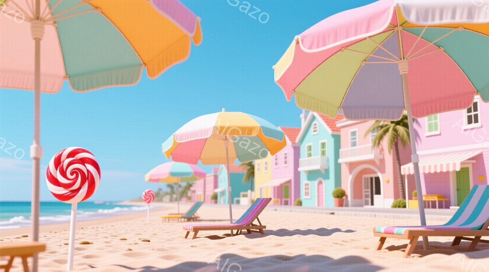 カラフルなパラソルとデッキチェアが並ぶ砂浜の風景です。背景にはパステルカラーの可愛らしい建物が立ち並び、ヤシの木が南国風の雰囲気を醸し出しています。晴天で穏やかな海が広がり、全体的に明るく楽しい気分に - AI生成フリー素材