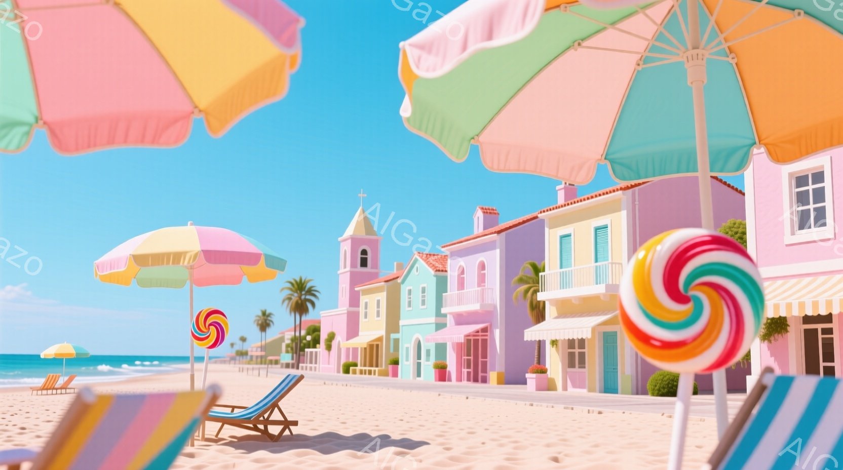鮮やかな色彩で彩られたビーチが描かれています。ピンクや水色の建物が並び、ヤシの木が生い茂る背景には穏やかな海が広がっています。カラフルなストライプのビーチチェアと、巨大なキャンディが異国情緒あふれる、 - AI生成フリー素材