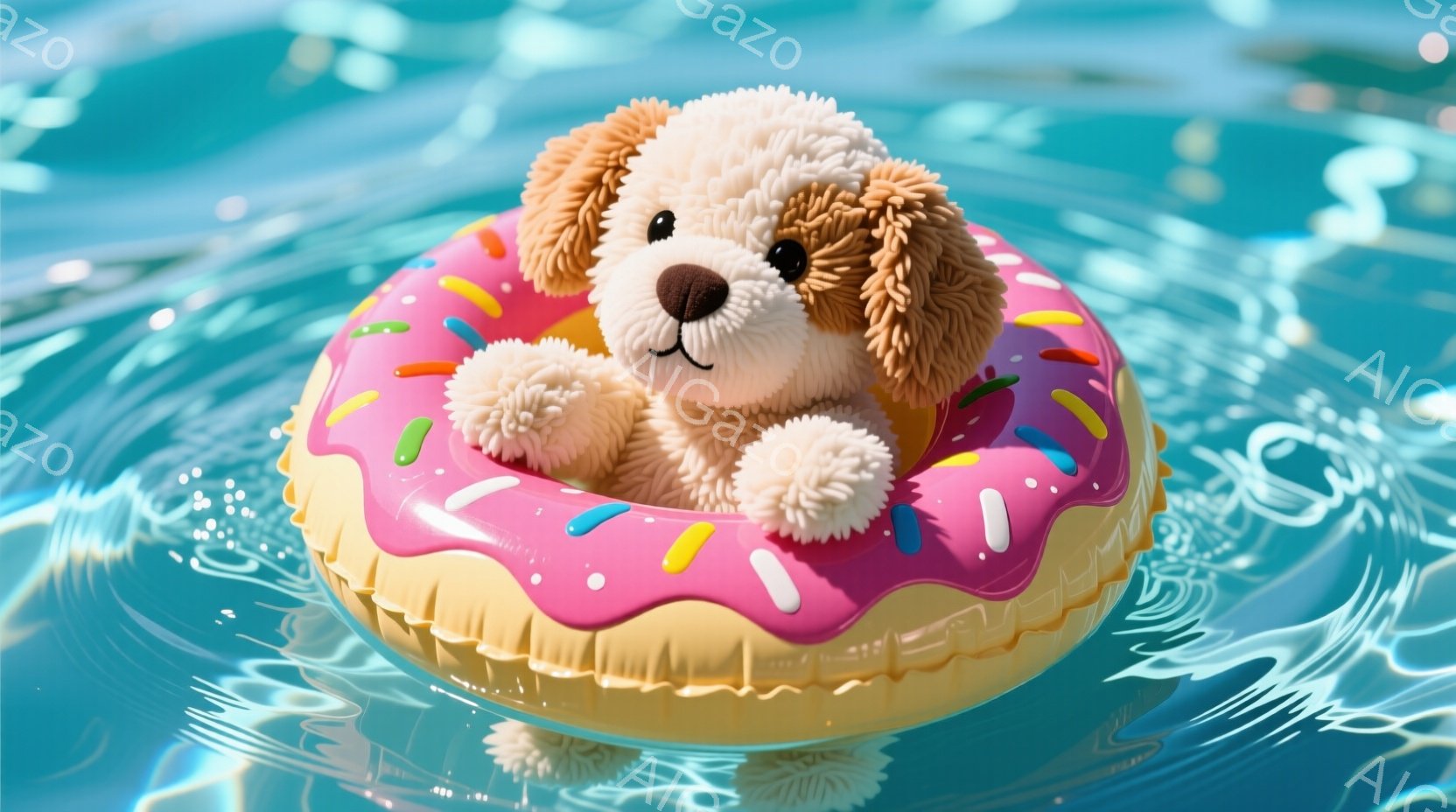 ふわふわの茶色い子犬が、ピンク色のドーナツ型の浮き輪に乗って水面に浮かんでいます。子犬は丸い目をしており、穏やかで幸せそうな表情をしています。背景は水面が広がり、光の反射がキラキラと輝いており、全体的 - AI生成フリー素材