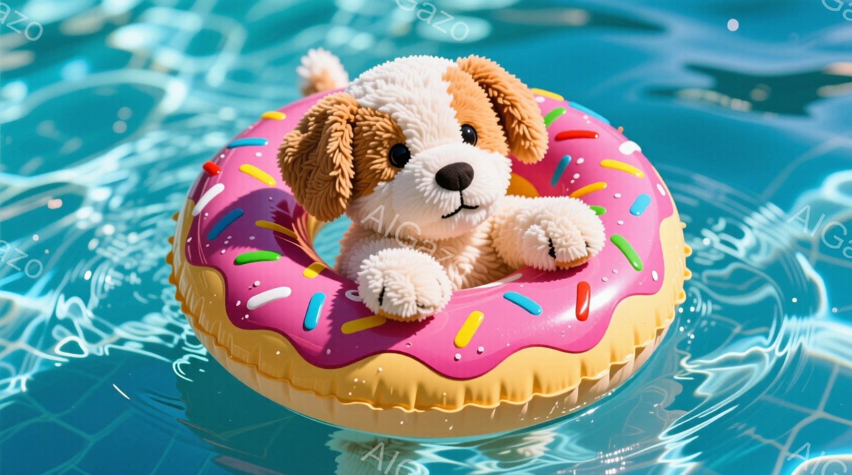 ぬいぐるみ犬がピンク色のドーナツ型の浮き輪に乗って水面に浮かんでいます。犬は茶色と白の毛並みで、可愛らしい表情をしています。背景は水面の波紋が広がり、明るく穏やかな雰囲気を醸し出しています。 - AI生成フリー素材