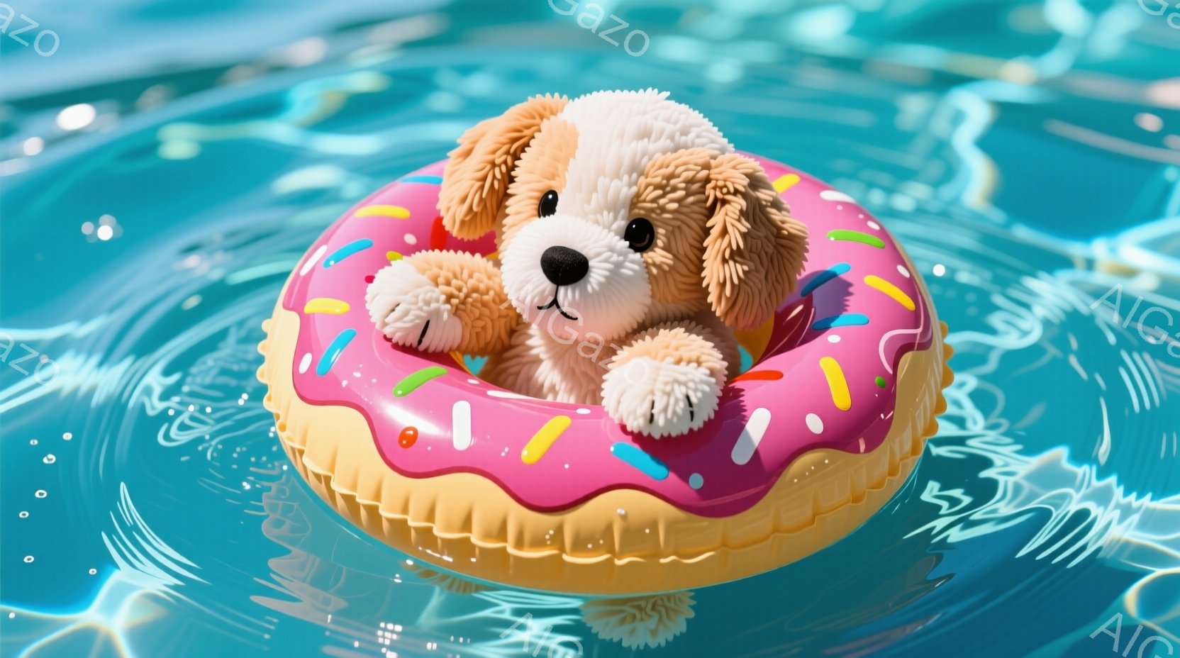 ふわふわの茶色の犬のぬいぐるみがおもちゃのドーナツ浮き輪にゆったりと浮かんでいます。犬はリラックスした表情で、明るい水面が穏やかな雰囲気を作り出しています。背景は水面のみで、光の反射がキラキラと輝き、 - AI生成フリー素材