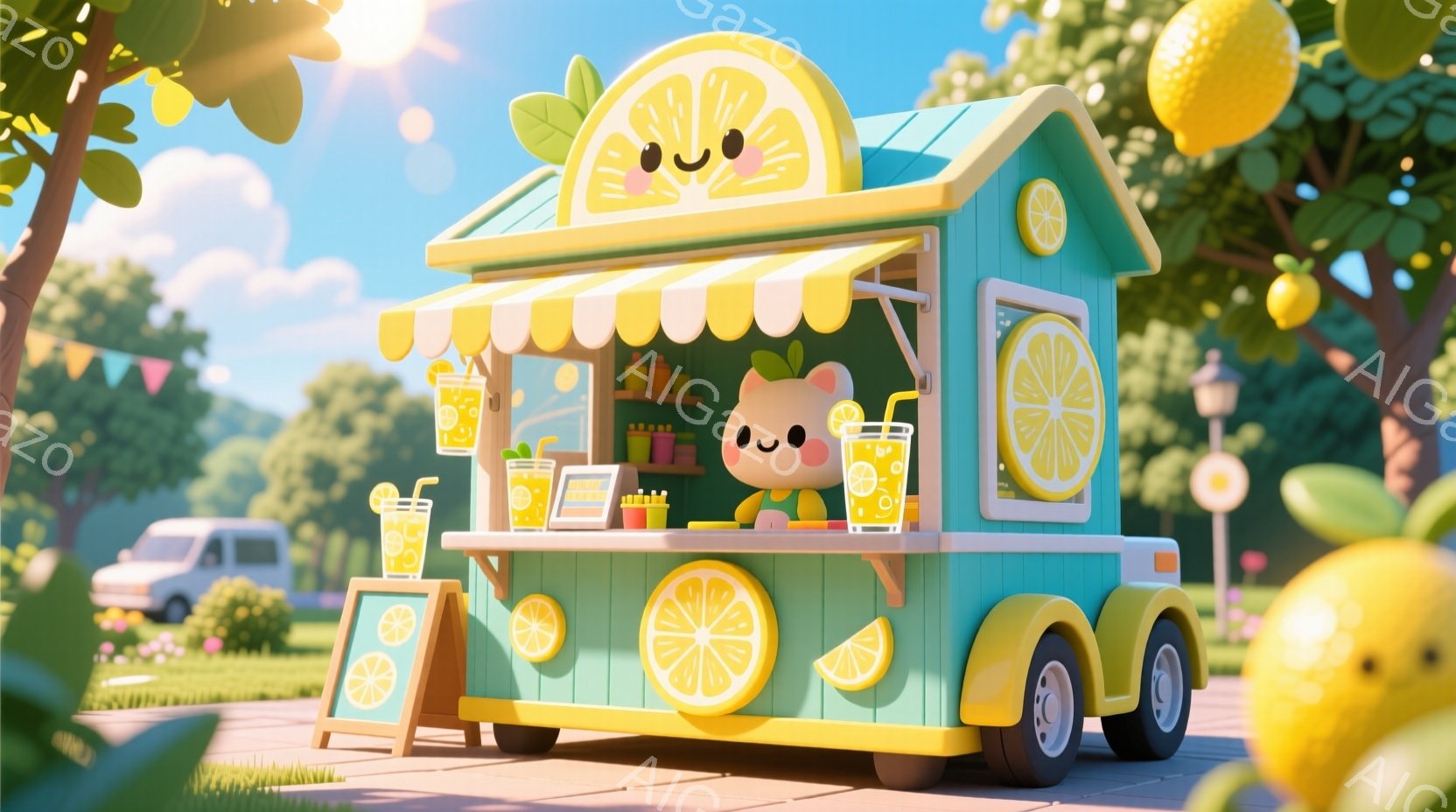 明るい緑色のレモンをテーマにした移動販売車が描かれています。レモン型の屋根と、レモンスライスをモチーフにした装飾が施されており、可愛らしい印象を与えます。背景には青空と緑豊かな自然が広がり、晴れた日の - AI生成フリー素材
