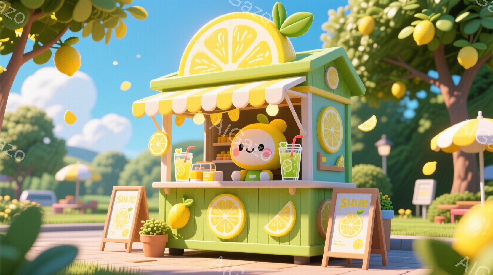 レモンのスタンドが公園に設置されており、レモンをモチーフにした可愛らしい装飾が施されている。スタンドの店員はレモンのキャラクターで、つぶらな瞳と穏やかな表情を浮かべている。背景には緑豊かな木々や芝生、そして青空が広がり、暖かい夏の日の雰囲気を醸し出している。
