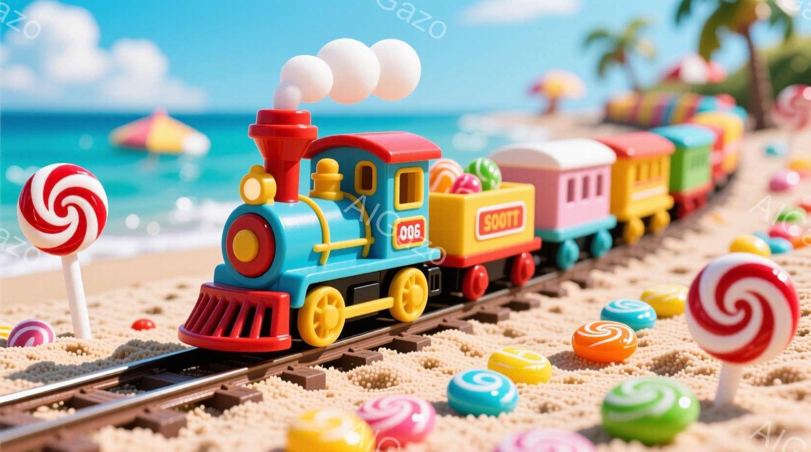 カラフルな玩具の列車が砂浜の線路の上を走っています。列車はピンク、オレンジ、水色の車輪と、お菓子で飾られた車両で構成されており、周囲にはロリポップキャンディが散らばっています。背景には青い海、白い砂浜、そしてヤシの木が見え、晴れた日の楽しい雰囲気を感じさせます。