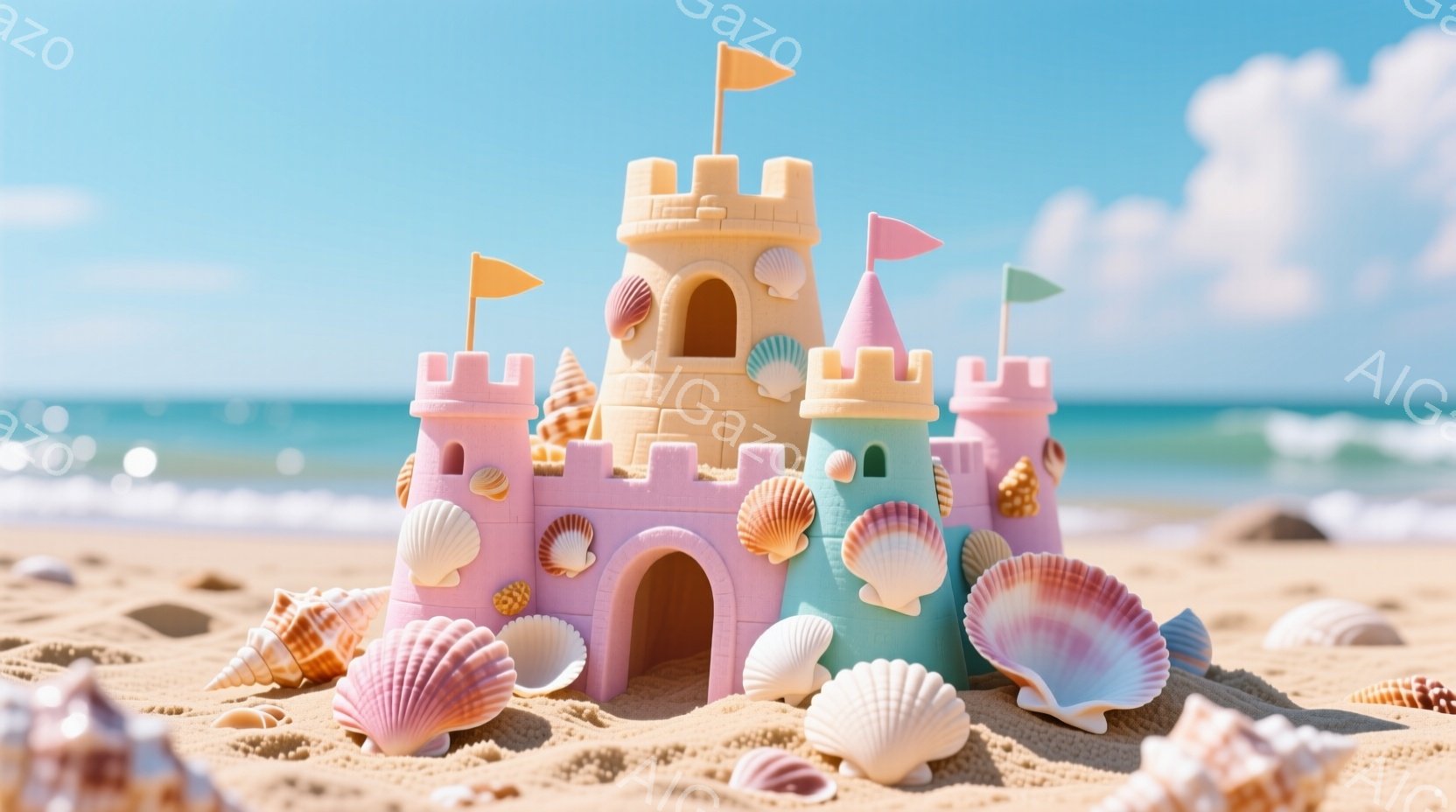 砂浜の上に、ピンク、水色、クリーム色の貝殻で飾られたお城が建っています。周りには様々な種類の貝殻が散らばり、背景には穏やかな青い海と空が広がっています。全体的に、夏の日のビーチでの遊び心あふれる風景を - AI生成フリー素材