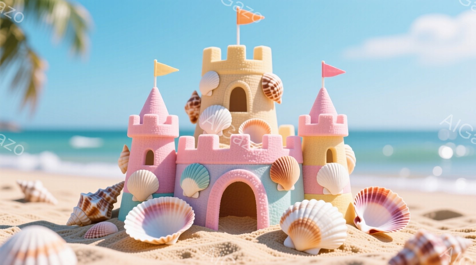 砂浜にピンクと水色の貝殻で飾られたお城が建っています。周囲には様々な種類の貝殻が散らばり、背景には穏やかな青い海とヤシの木が見えます。明るい日差しと柔らかい色合いが、のどかで楽しい雰囲気を醸し出してい - AI生成フリー素材