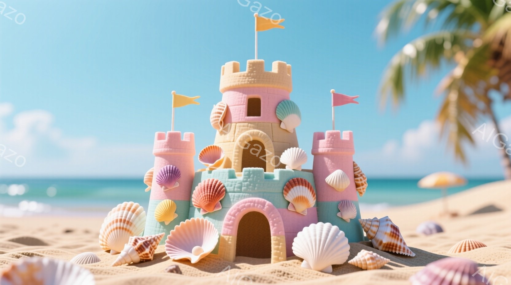 砂浜に作られた可愛らしいお城が写っています。ピンクや水色、黄色などパステルカラーで装飾され、貝殻が巧みに配置されています。背景には青い海と空、そしてヤシの木が見え、穏やかで暖かい夏の日の雰囲気が漂っています。