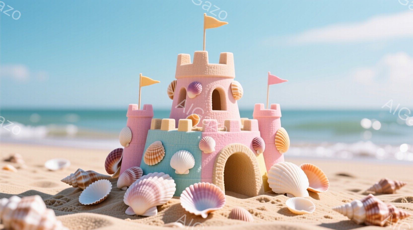砂浜にピンクと水色の貝殻で飾られた砂の城が建っています。城の周りには様々な大きさや形の貝殻が散らばり、おとぎ話のような夢幻的な雰囲気を醸し出しています。背景には穏やかな青い海と空が広がり、晴天の下、静かで平和な時間が流れているようです。