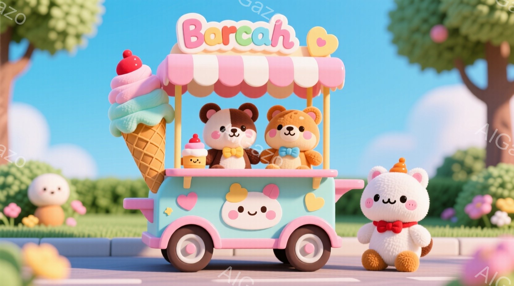 明るいピンク色の移動販売車が、大きなソフトクリームを載せて道路を走っています。車の上には、リボンを付けた2匹のテディベアが乗っており、それぞれ異なる色の服を着ています。背景には緑の草地と、オレンジ色の - AI生成フリー素材