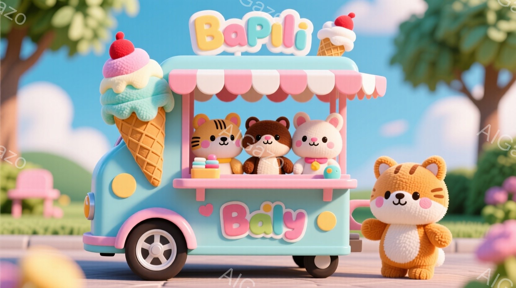 明るい青色のポップなアイスクリーム屋台が描かれており、可愛らしいクマと猫のキャラクターが楽しそうにアイスクリームを販売しています。背景にはピンク色の建物や緑豊かな木々が見え、晴れた日の遊園地のような温かく幸せな雰囲気が漂っています。全体的にパステルカラーで統一され、子供向けの可愛らしい世界観が表現されています。