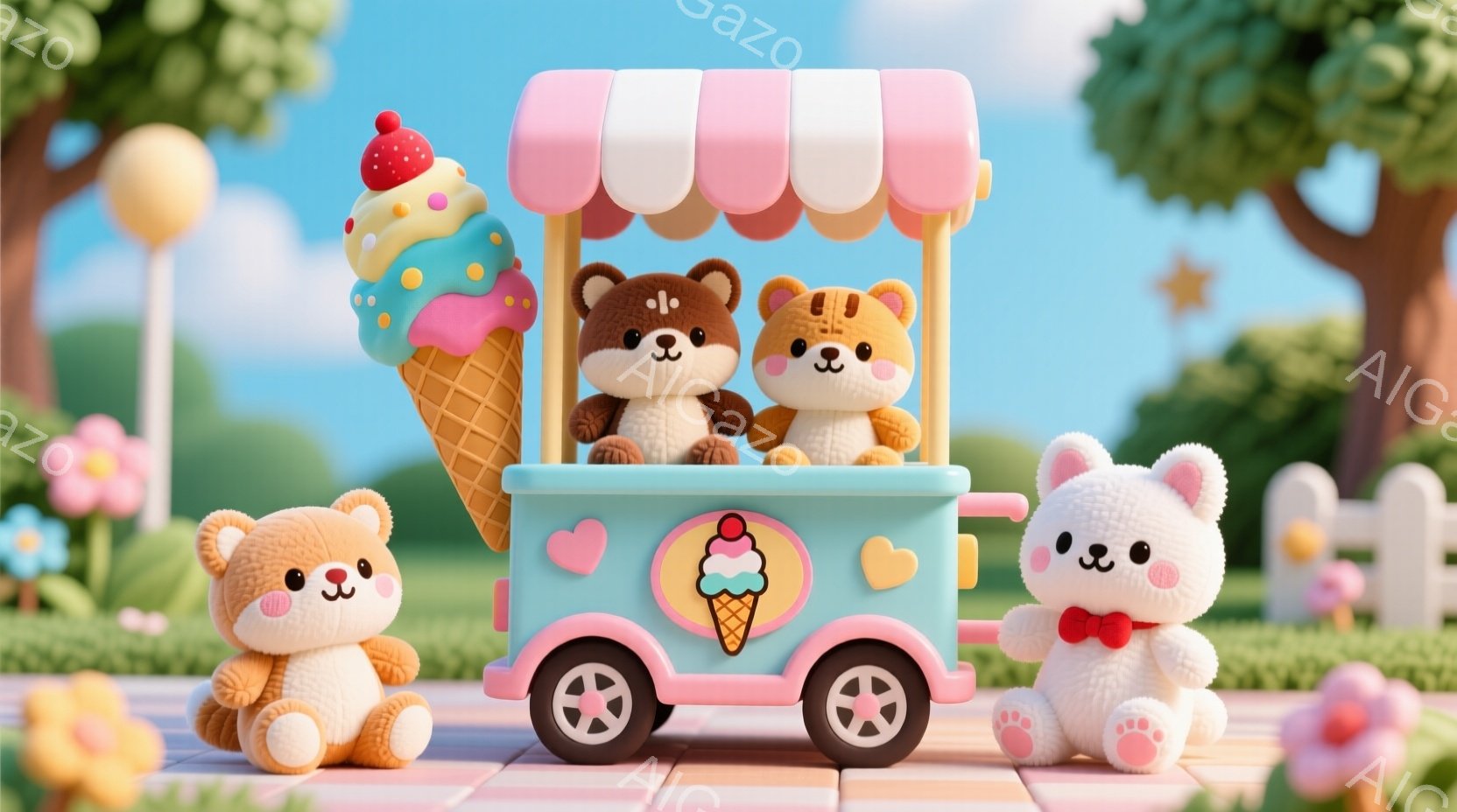 鮮やかなピンク色のタイル敷きの道に、可愛らしいクマのぬいぐるみたちがアイスクリーム屋台とともにおさまっています。屋台を引くクマと、屋台で働くクマ、そしてアイスクリームを持つクマがそれぞれ微笑んでおり、 - AI生成フリー素材
