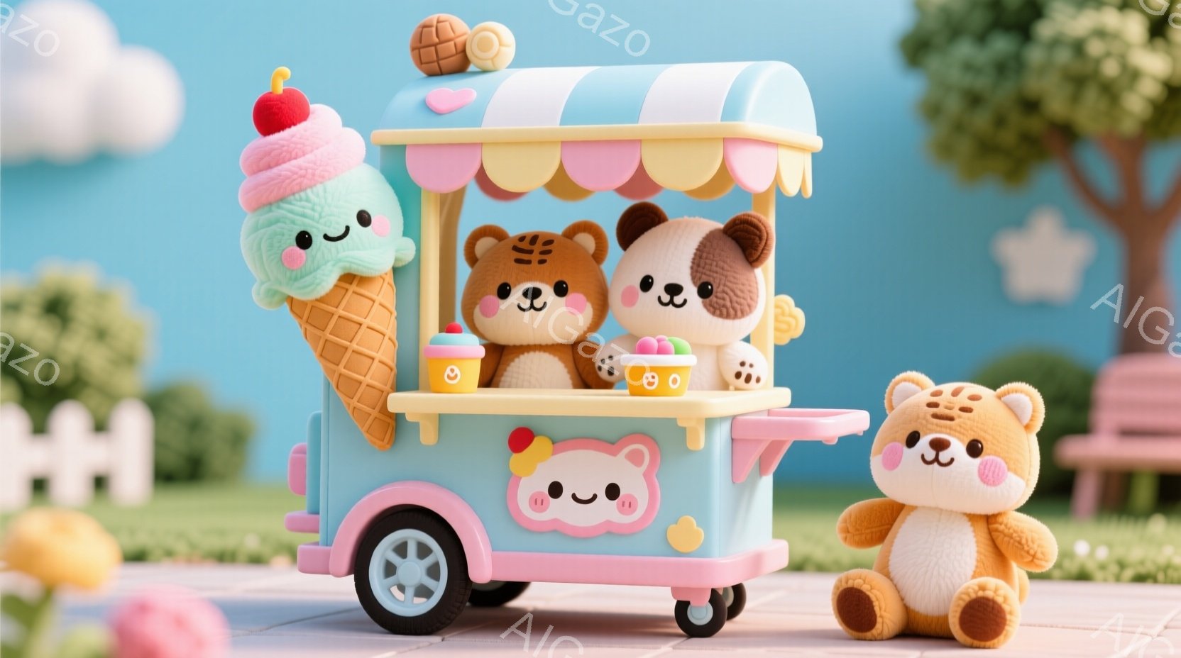 パステルカラーの背景に、可愛らしいアイスクリームカートと、クマのぬいぐるみが描かれています。カートの上には、様々なアイスクリームやデザートが並び、クマたちはそれぞれ笑顔でアイスクリームを楽しんでいます。背景には緑の芝生と木々が見え、全体的に明るく、暖かく、楽しい雰囲気が漂っています。