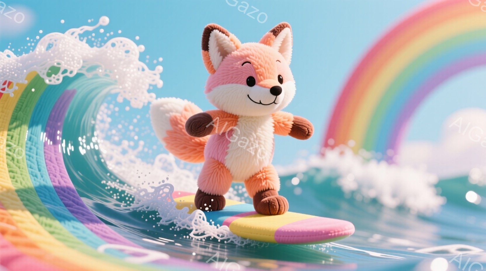 ふわふわのオレンジ色のキツネが、ピンクと黄色のサーフボードに乗って波に乗っています。キツネは嬉しそうな表情で、波の背景には虹が見え、明るく楽しい雰囲気です。波はカラフルなストライプ模様で、全体的にポッ - AI生成フリー素材