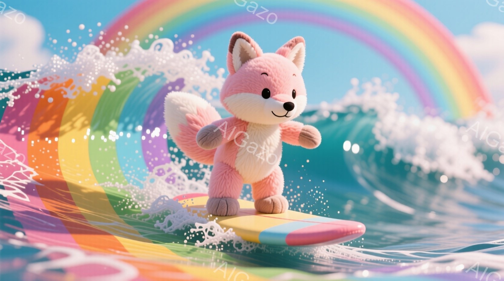 CGI（コンピュータグラフィックスイメージ）によるアートワークです。中央にはカニメキシード型のティードリンクが描かれており、その周囲には色鮮やかなレインボウと穏やかな波があります。 主要なキャラクターは、綺麗なピンク色のキツネコ（フォックス）で、その姿勢は前向きで自信にあふれ、背景には晴れた空と柔らかい波が見られます。 簡潔な文： 「幸せなフォックスがレインボウの上を乗り越える、可愛いCGIアートワーク」