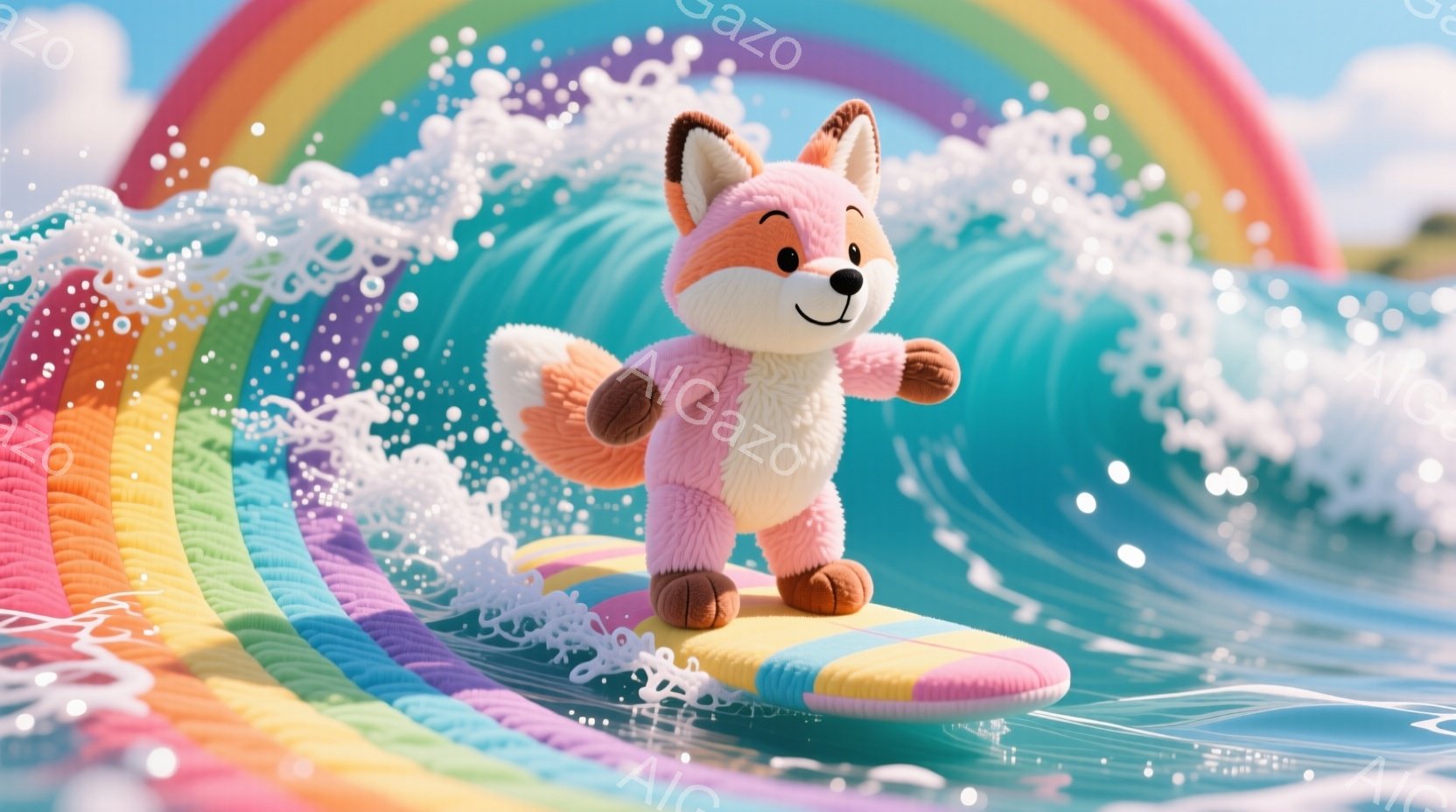 鮮やかな虹色の波に乗る、ふわふわのピンク色の狐のぬいぐるみです。狐はサーフボードの上で前足を少し前に出し、笑顔で波に乗る姿が描かれています。背景には青空が広がり、波のコントラストが印象的な、明るく楽しい雰囲気の画像です。