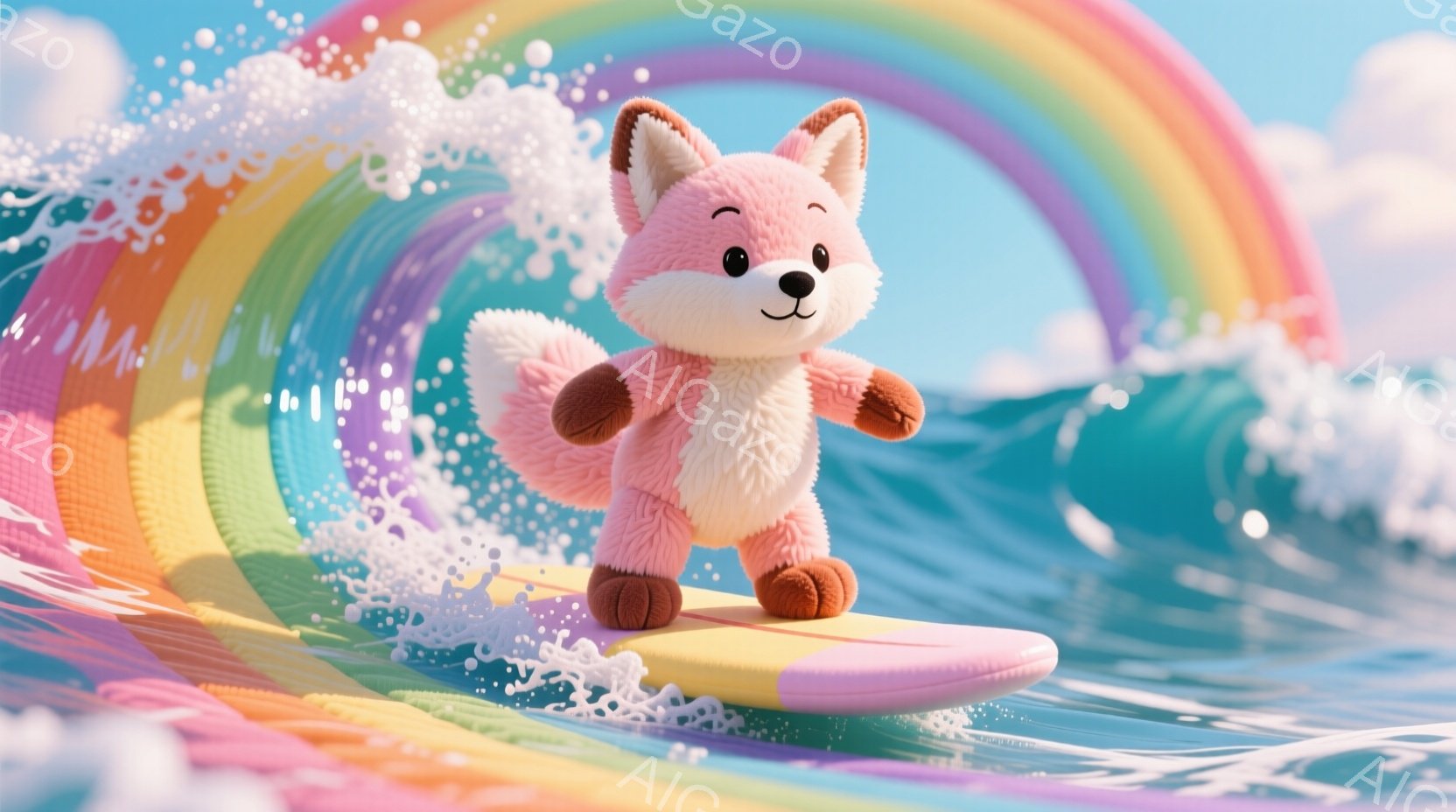 明るいピンク色の毛並みを持つキツネのぬいぐるみは、虹色の波に乗ってサーフィンを楽しんでいます。キツネは自信に満ちた表情で、波に乗るために前かがみになり、尻尾はふわふわと波に乗る風になびいています。背景 - AI生成フリー素材