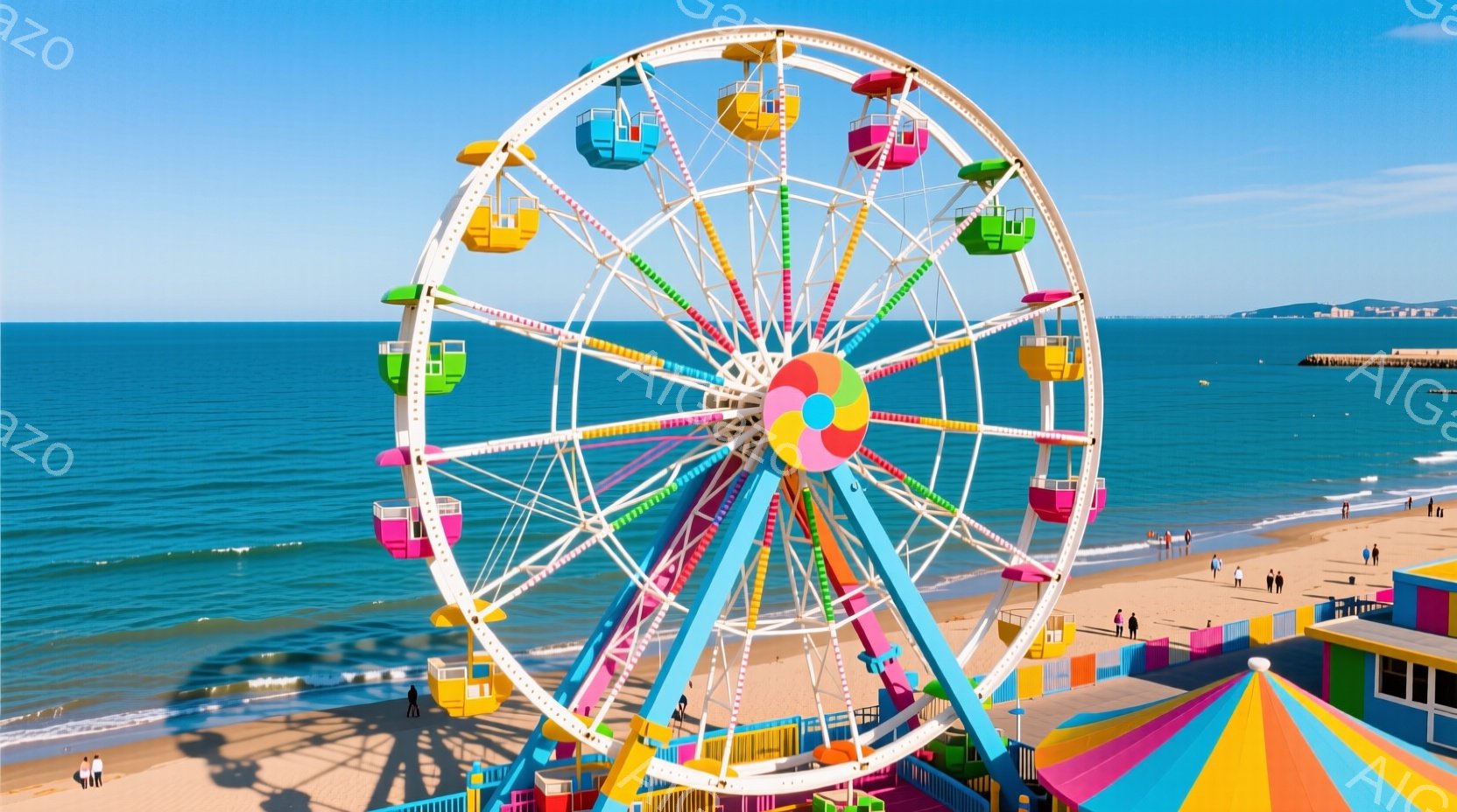 カラフルな観覧車が、青い海と砂浜を背景にそびえ立っています。観覧車はピンク、青、黄色、緑などの明るい色で彩られ、太陽の下で鮮やかに輝いています。砂浜には数人の人々が散歩したり、立ち話したりしており、リ - AI生成フリー素材