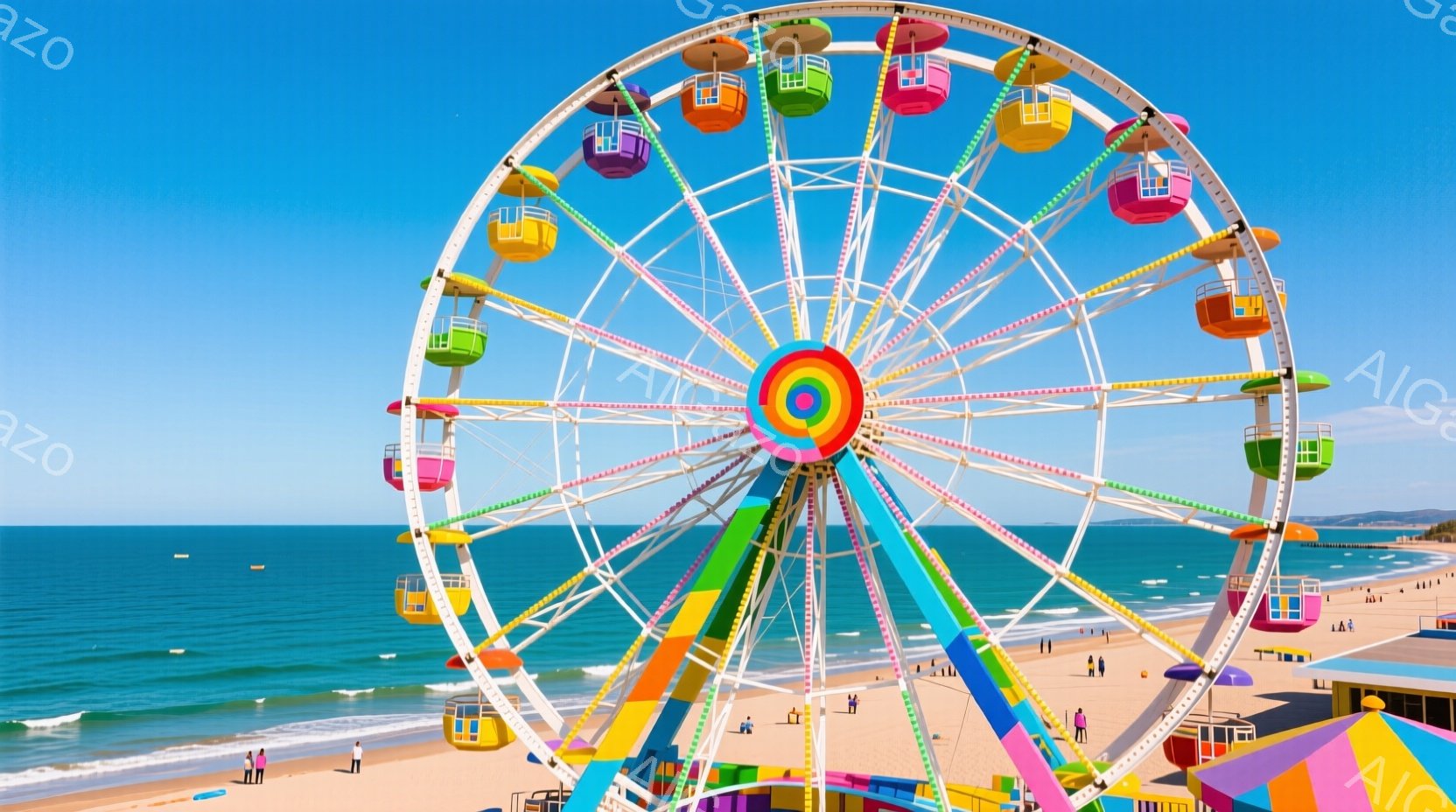 カラフルな観覧車が、広大な砂浜と青い海を背景にそびえ立っている。人々は砂浜で散歩したり、立ち話をしたりして、リラックスした時間を過ごしているようだ。晴天で穏やかな海とカラフルな観覧車が、明るく楽しい雰 - AI生成フリー素材